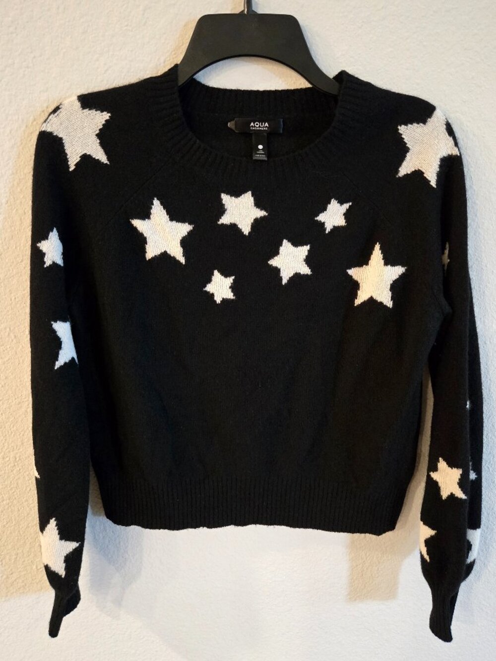 AQUA 100% Cashmere Star Sweater Black White XS